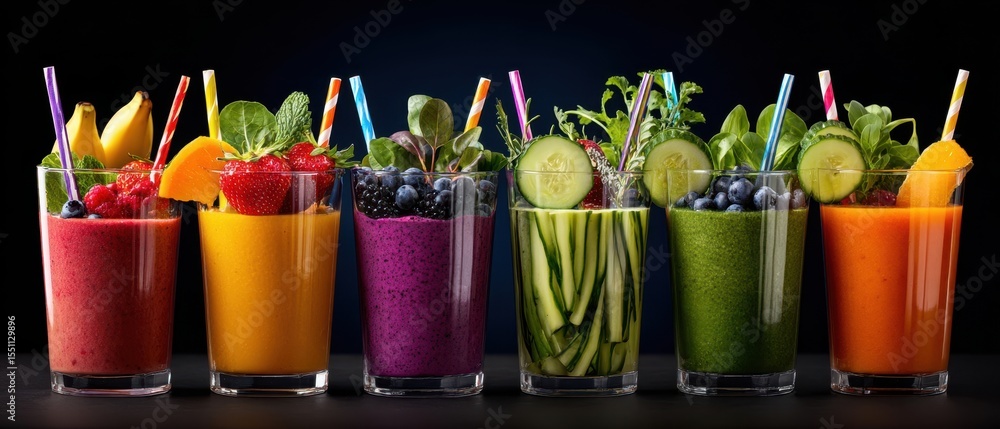 Poster the vibrant array of smoothie drinks in colorful glasses with garnishes.
