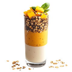 Tall glass filled with layered smoothie topped with mango and granola on a black background studio shot on transparent background