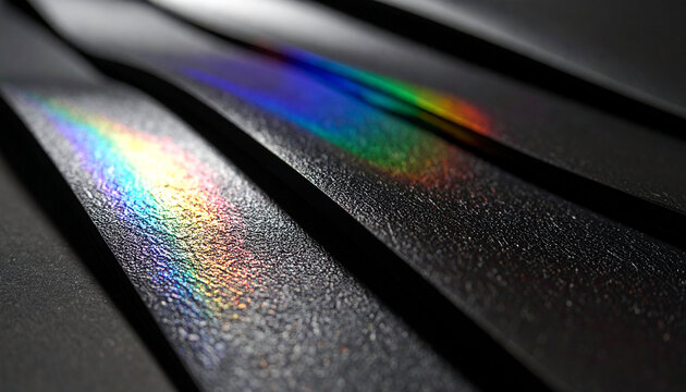 Iridescent rainbow reflection on dark, textured, parallel surfaces.  The light source creates a vibrant spectrum across the slightly curved material