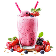 A berry smoothie in a glass with straws and fresh fruit on a wooden coaster against a black background on transparent background