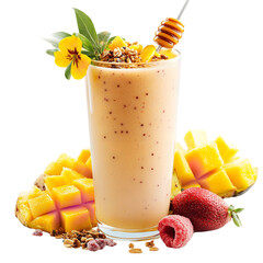 Delicious mango smoothie in a glass with granola and honey dipper surrounded by fresh fruit pieces on transparent background