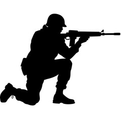 A soldier aiming a rifle from a kneeling position silhouette vector illustration