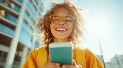 A joyful young woman with curly hair and stylish sunglasses, holding a smartphone, radiating positivity and engagement with a vibrant urban backdrop above the sun-drenched street.
