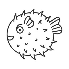Pufferfish Doodle Clipart. Cute hand drawn Fugu fish in minimalist cartoon style. Sea life animal line art. Vector illustration