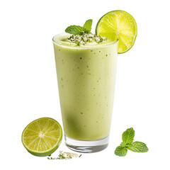 A refreshing green smoothie in a glass with lime and mint garnish on a black background studio shot on transparent background