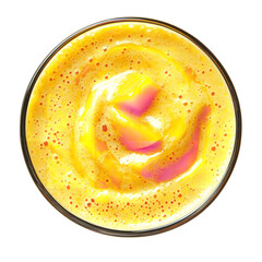 Aerial view of a vibrant yellow smoothie with pink swirls in a glass on a black background top down view on transparent background