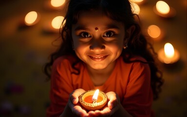 beautiful indian girl holding diya on diwali festival night, top view.selective focus. High quality