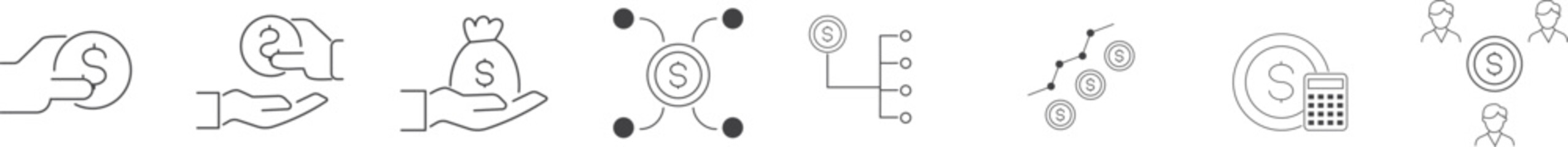 Set of Money Related Vector Line Icons. Contains such Icons as Wallet, stack of coins, Bundle of Money, piggy bank with a Coin, money exchange and more. Editable Stroke