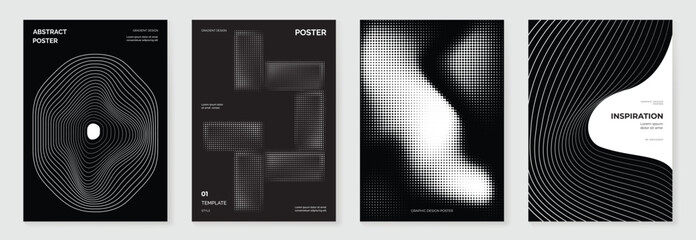 Abstract monochrome poster background vector set. Modern cover template with black and white perspective geometric prism shape, halftone dot, line. Ideal design for social media, banner, ads.