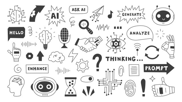 AI Interface Doodles Set. Hand drawn icons of artificial intelligence, robots, brains, circuits, prompts, tech tools for technology, Chabot, assistant and machine learning designs. Vector illustration