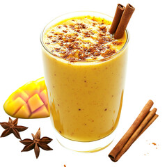 Mango smoothie with cinnamon sticks and star anise on a black background close up shot view on transparent background
