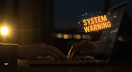 System Warning on Laptop Screen at Night, Cyber Security Vulnerability.