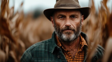 A rugged farmer with a strong presence stands amidst golden corn stalks, showcasing hard work, dedication, and the connection to agriculture and the land.