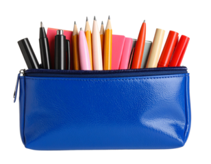 Blue stationery pouch with various school supplies inside, isolated on transparent background.