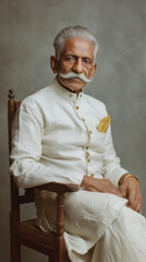 Portrait of a distinguished older gentleman with white hair and a striking mustache, wearing traditional attire and sitting in a chair.