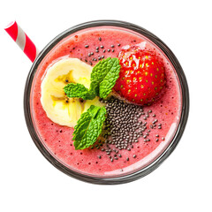 Overhead view of a strawberry banana smoothie with toppings and a red and white striped straw in a glass on transparent background