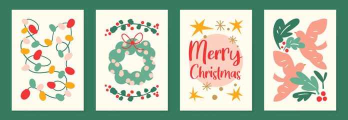 Merry christmas and Holidays wall art vector set. Wallpaper hand drawn with decorative light, wreath, holly leaves, bird. Art design for card, poster, cover, banner, interior.