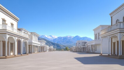 Sunny, whitewashed Western town street with mountains