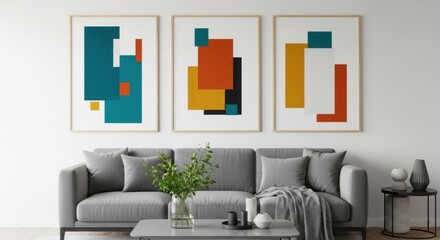 Three Modern Geometric Abstract Paintings in Teal Orange Yellow and Red Hung Above a Gray Sofa