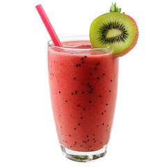 Close up of a red smoothie in a glass with a pink straw and a kiwi slice on the rim against black on transparent background