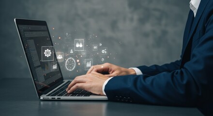 Digital Workflow: Man in Suit Typing on Laptop with Floating Icons
