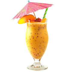 Tropical smoothie in a glass with a pink umbrella straw peach and strawberry on a black background on transparent background