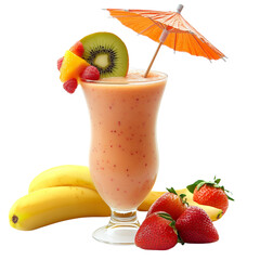 Tropical smoothie in a glass with fruit garnish and small umbrella against a black background on transparent background