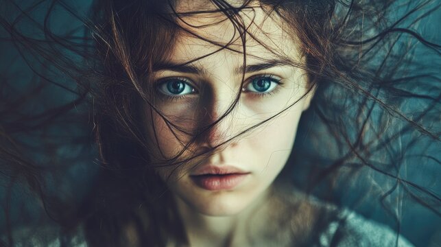Hyper realistic 3d render Intriguing Portrait: Woman with Windswept Hair, Mystical Teal Background AI Generative