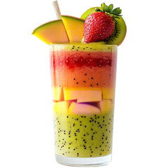 A tall glass filled with layers of fruit smoothie and topped with fresh fruit slices and a straw on transparent background