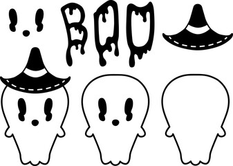 A collection of whimsical ghost illustrations with hats and the playful word Boo in dripping font. .