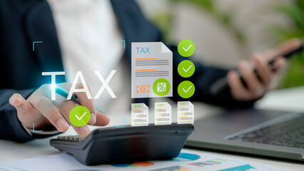 Business person calculating electronic tax on digital platform with icons and checklist, online tax filing, financial accounting, e-tax system and financial technology.