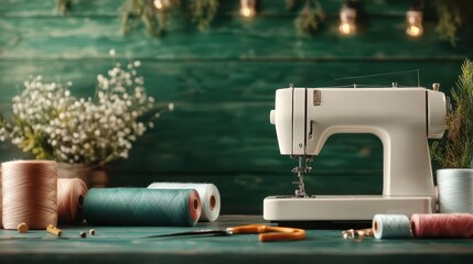 An aesthetic view of a sewing machine with colorful threads and scissors on a crafted workspace, representing creativity and the art of sewing in a cozy atmosphere.