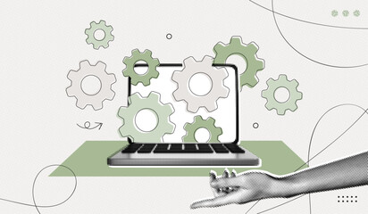 Trendy Halftone Collage Computer Laptop with Cogwheel Gears. 
Goal achievement project. Programming, upgrade and repair. Work optimization. Project management. Contemporary vector illustration art