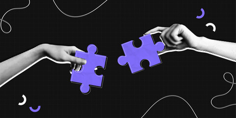 Trendy Halftone Collage Two Hands combine puzzle pieces. Teamwork and brainstorm concept. Business idea and solution. Partnership relationship. Contemporary vector illustration art