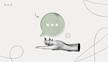 Trendy Halftone Collage Hand with speech bubble message. Social media communication concept. Space for text. Online discussion on forum. Contemporary vector illustration art