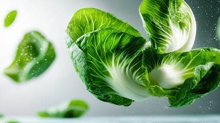 Obraz premium A stunning portrayal of fresh greens floating through the air, highlighting their vibrant colors and textures, showcasing the beauty and freshness of nature's produce.