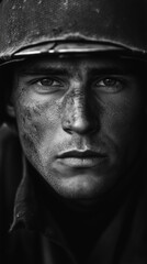 Intense black and white portrait of a soldier, face smudged with dirt, wearing a helmet, conveying grit and determination.
