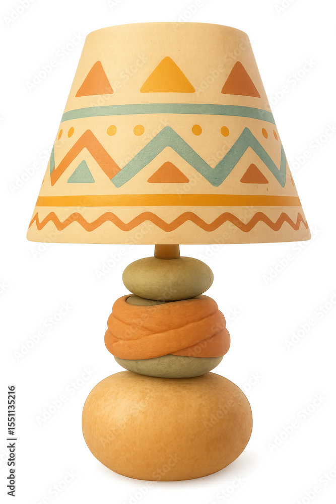 Poster bohemian stone lamp featuring geometric patterns, crafted with natural stones and colorful shade, ad