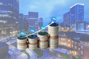 Business financial inflation economy accounting and coins Double exposure with arrow white on smart...