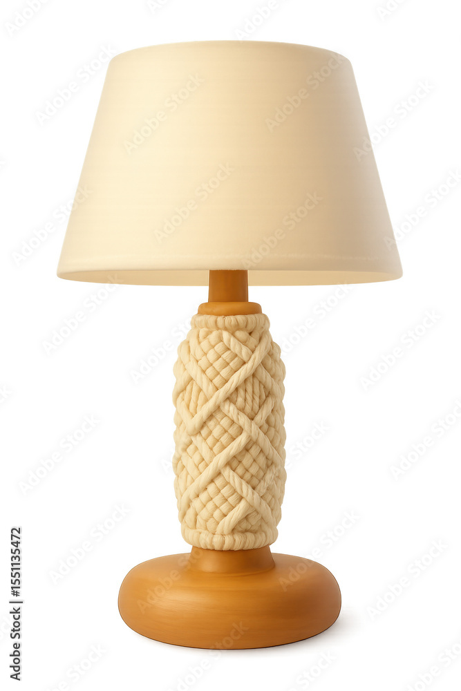 Poster elegant macrame lamp design featuring textured base and soft fabric shade, perfect for adding warm a
