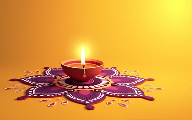 Diwali festival of lights holiday design with paper cut style of Indian Rangoli and diya - oil lamp. Purple color on yellow background. Vector illustration. High quality