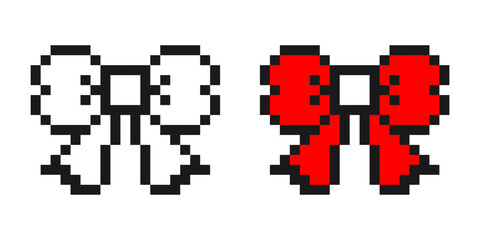 Pixel art bows in black-white and red color, in cute 8-bit retro style.