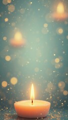 Single Candle Flame with Golden Bokeh and Glitter on a Teal and Christmas holiday vibe Background