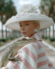 Elegant woman with a small alligator. Unique, vintage, and glamorous - a blend of sophistication and unexpected wildlife