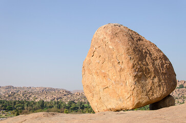 Natural stunning unique Rock formation against blue sky, Hampi, Karnataka, India.