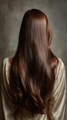 Fototapeta premium Beautiful model girl with Brown hair strand,silky healthy chestnut wavy hair strand,hair wavy ribbon, with smooth,Keratin straightening,Treatment,straight long hair,procedures,Smooth hairstyle.