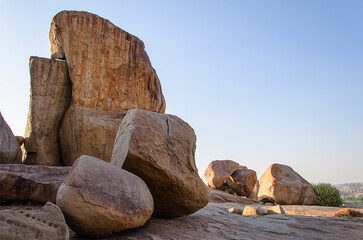 Natural stunning unique Rock formation against blue sky, Hampi, Karnataka, India.
