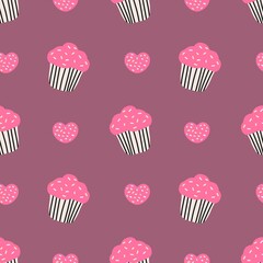 Cute cupcake and heart sprinkle pattern on purple background. Perfect for kids, fabric, gift wrap, or baking-themed designs.