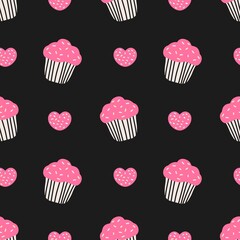 Cute cupcake and heart sprinkle pattern on black background. Perfect for kids, fabric, gift wrap, or baking-themed designs.