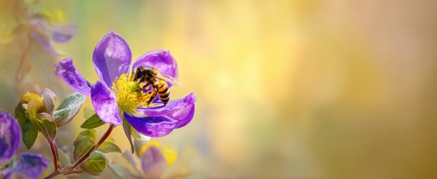 The vibrant purple flower attracting a busy bee in a serene garden setting.